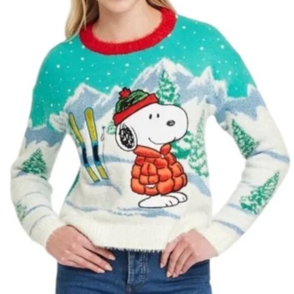 Peanuts Snoopy Ski Christmas Fuzzy Sparkle Embroidered Knit Sweater Size XXL - Picture 1 of 6